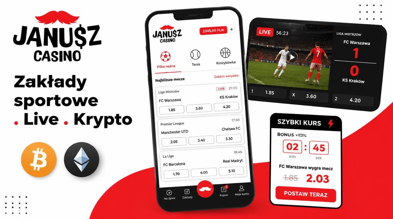 Interfejs z zakładami sportowymi, live i symbolami kryptowalut