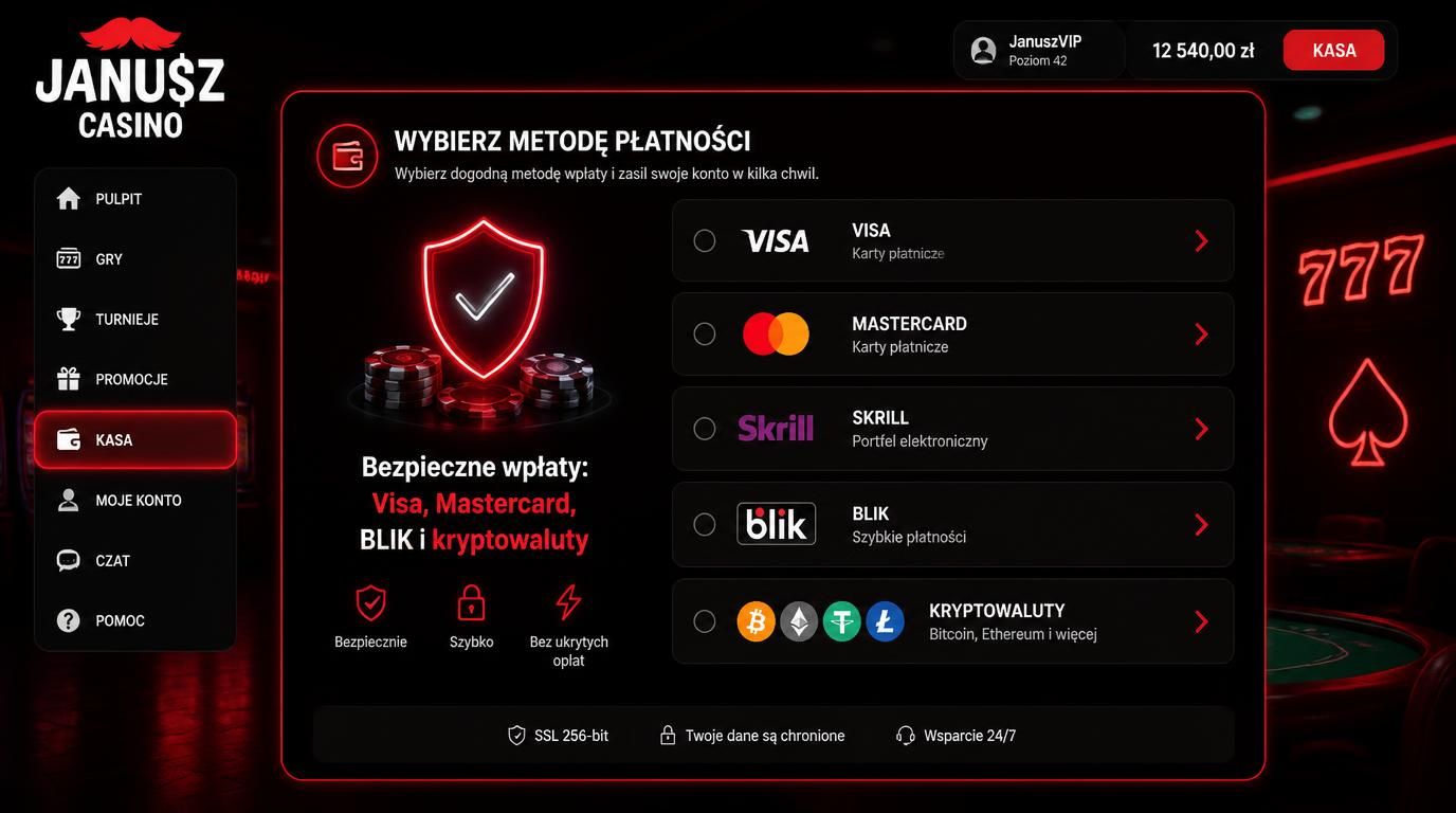 Ikony Visa, Mastercard, BLIK i kryptowalut w interfejsie kasyna