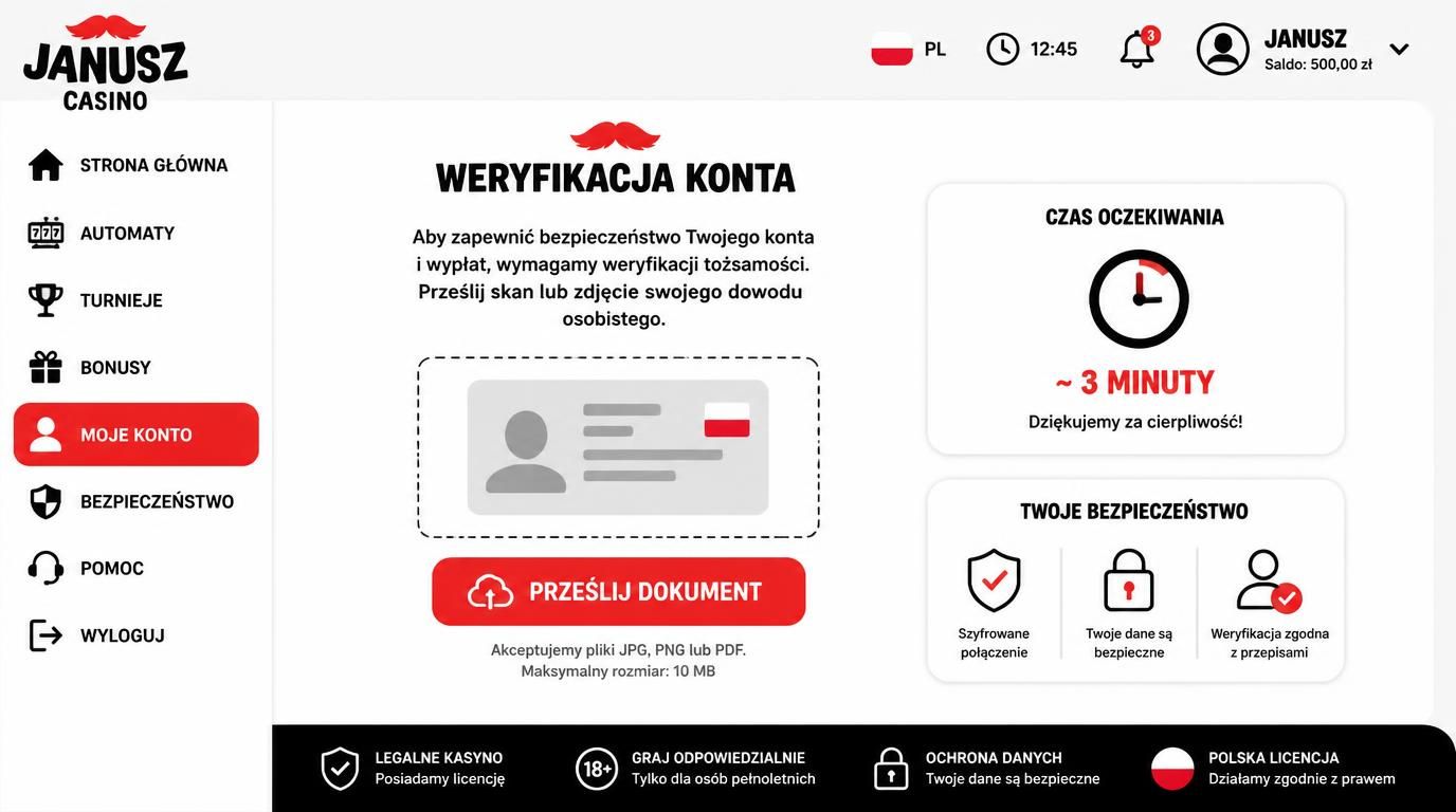 Interfejs weryfikacji konta z dowodem i opcją przesyłania dokumentu