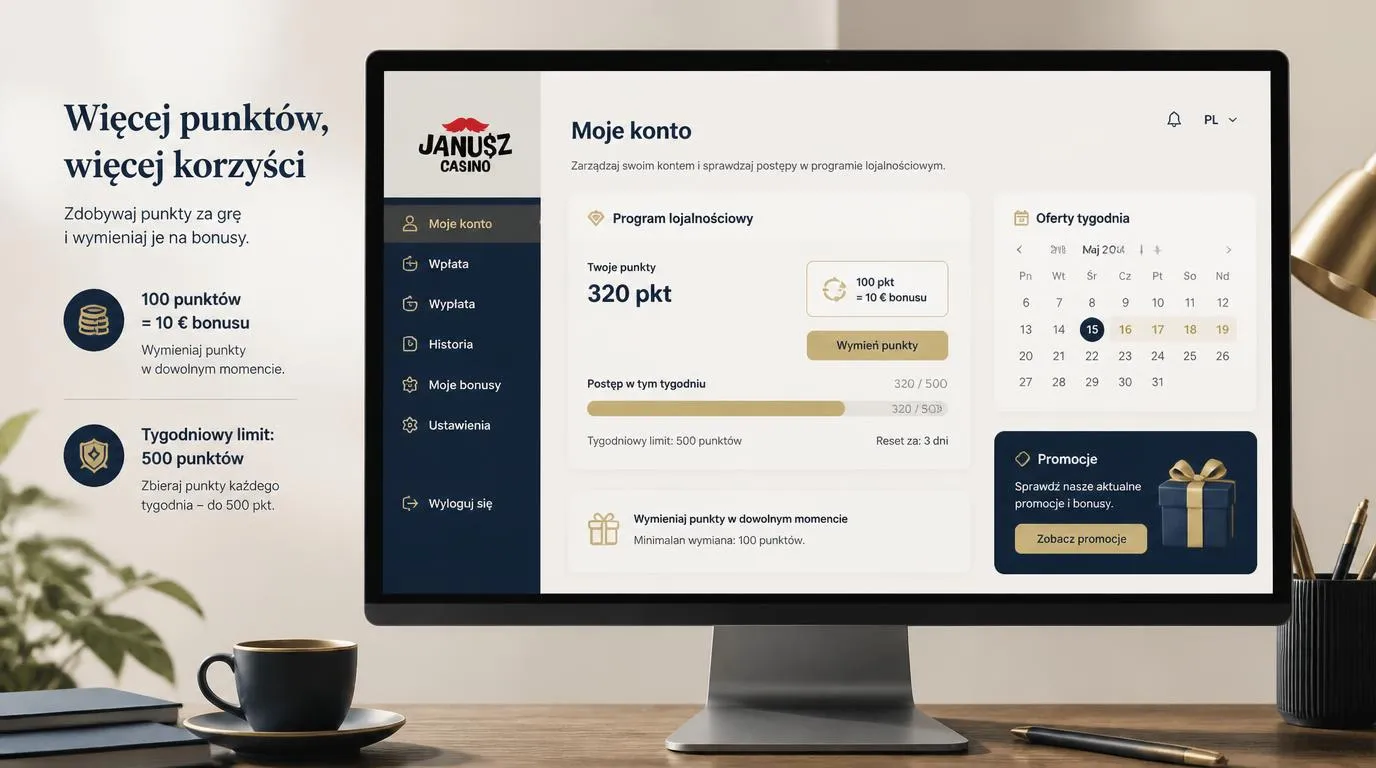 Panel programu lojalnościowego z postępem punktowym i kalendarzem promocji tygodniowych