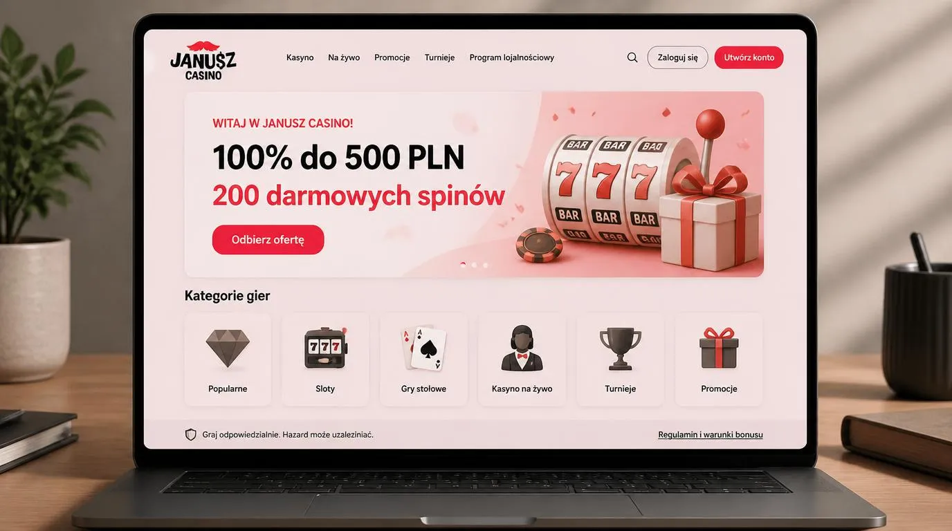 Ekran kasyna z ofertą powitalną i kafelkami różnych gatunków gier