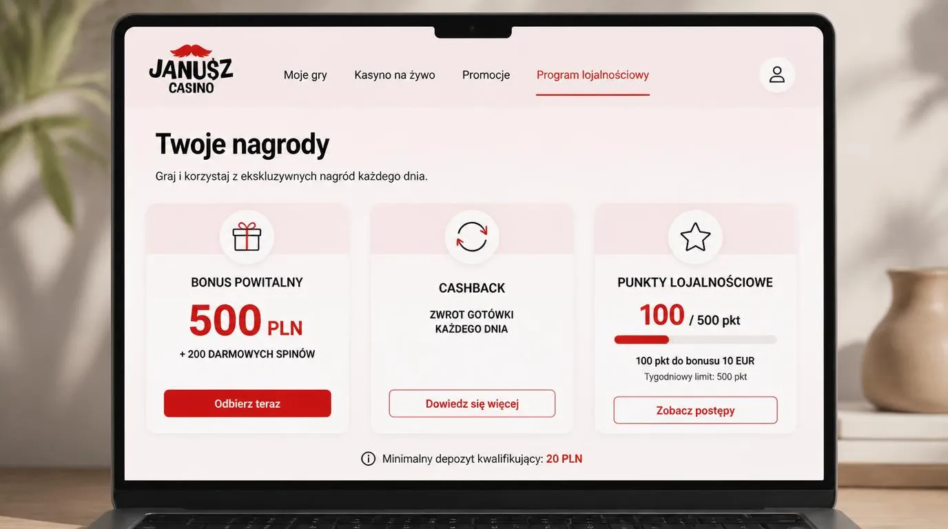 Ekran z bonusem powitalnym, punktami tygodniowymi i informacją o minimalnym depozycie