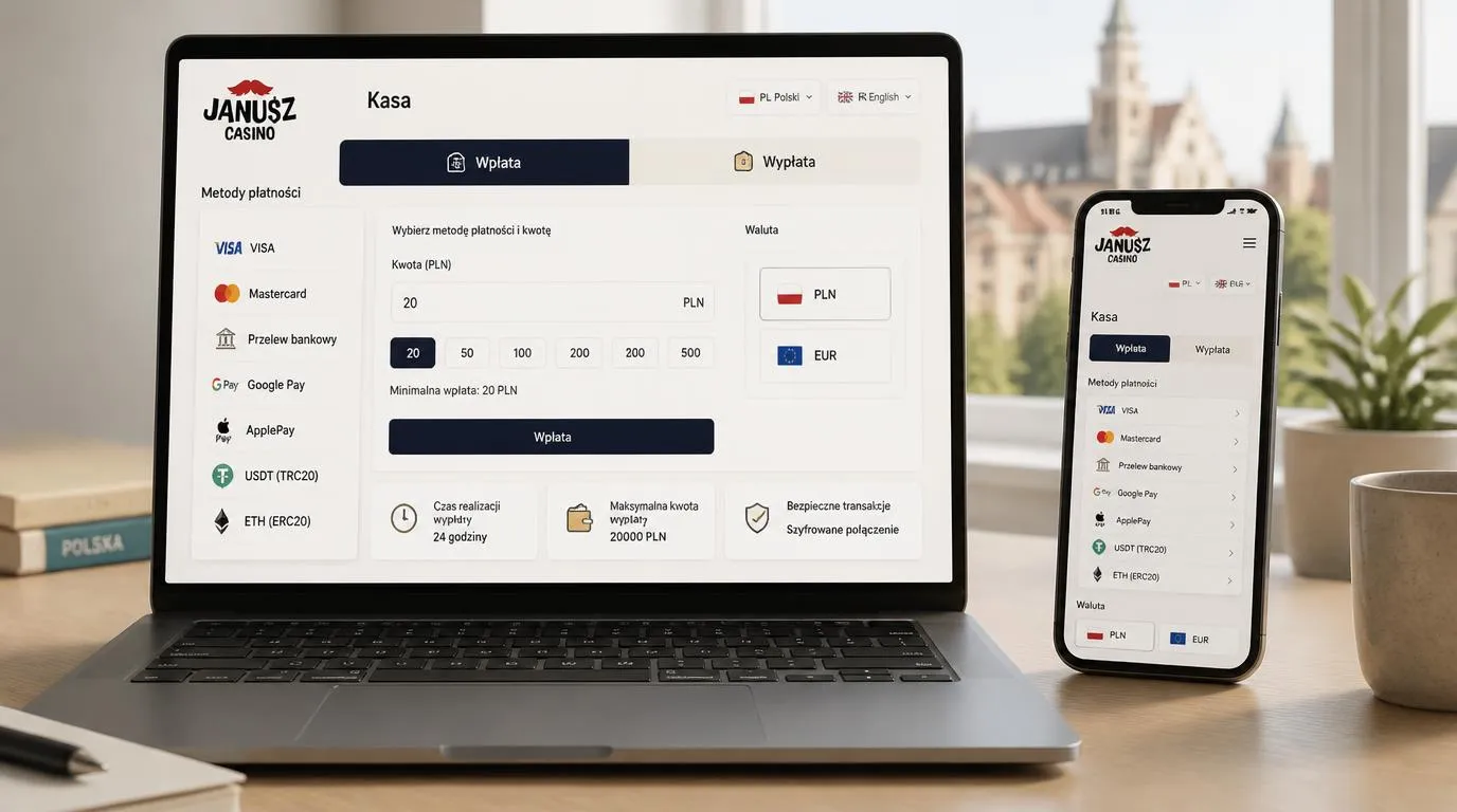 Ekran kasy kasyna z metodami płatności, walutami PLN i EUR oraz informacją o wypłacie