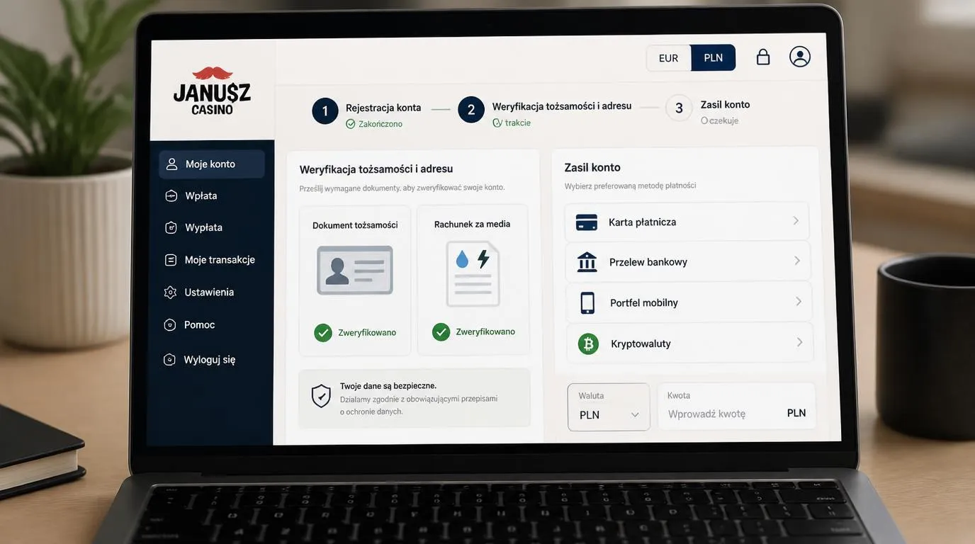 Panel konta z etapami weryfikacji tożsamości i adresu oraz wyborem metody wpłaty